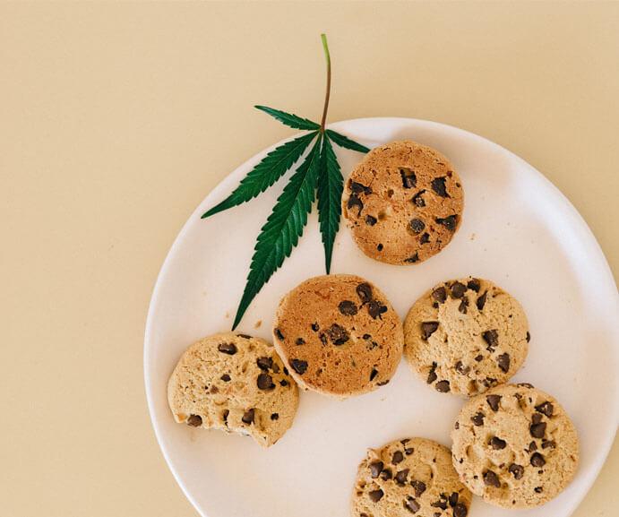 Cannabis cookies and a marijuana leaf on a plate
