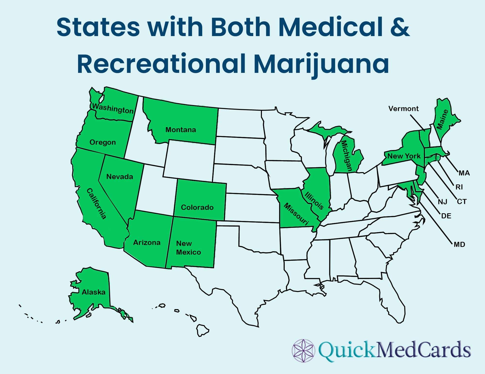 A map showing states that have legalized both medical and recreational marijuana