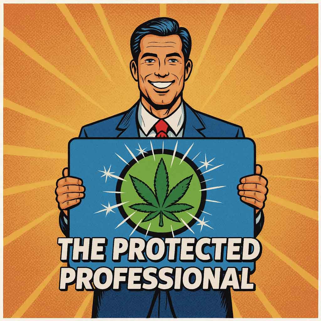 A professional holding a big medical marijuana card with text saying the protected professional