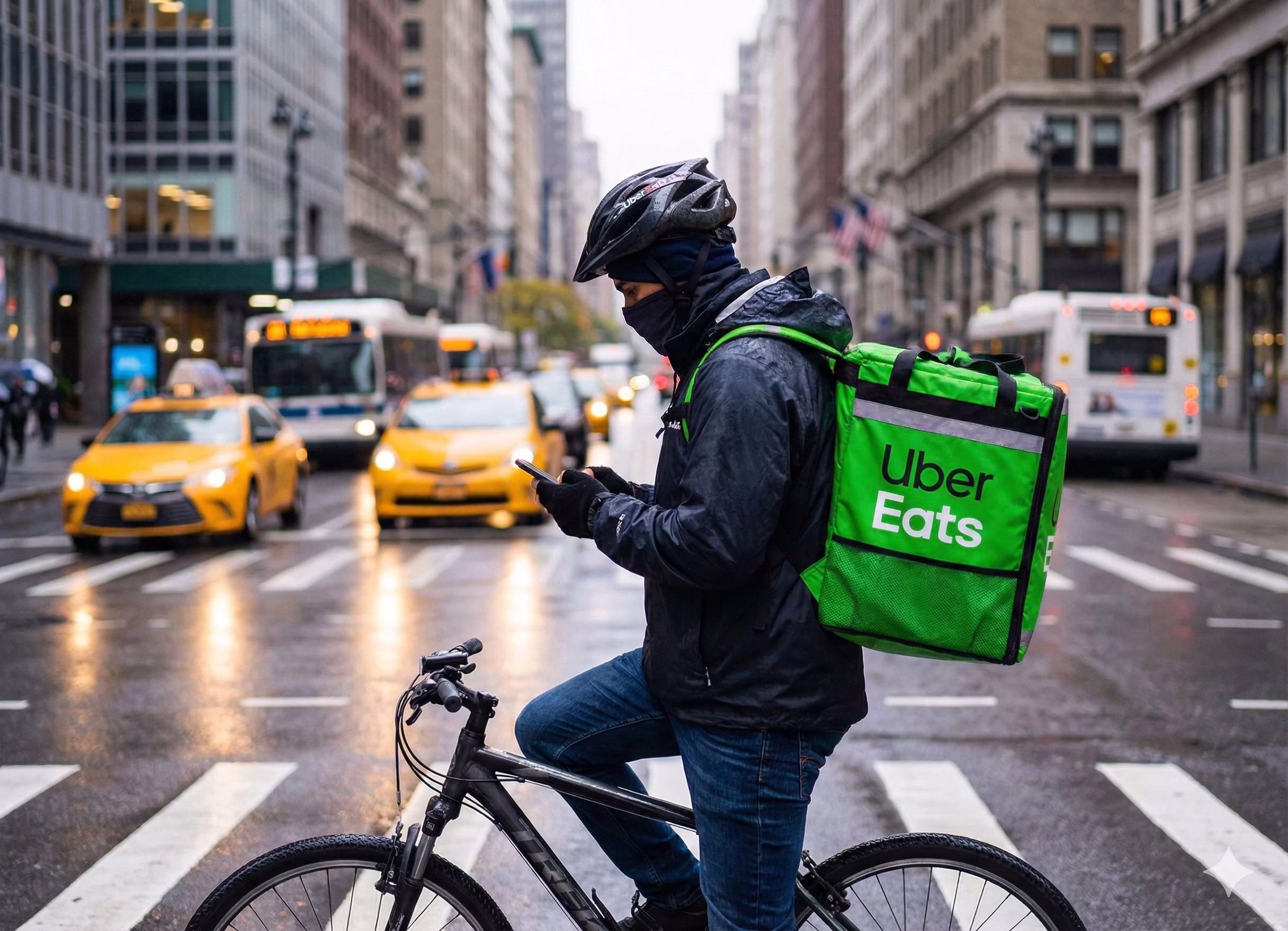 Uber eats delivery rider wearing a helmet and face covering, standing with a bicycle and checking a phone at a city crosswalk.