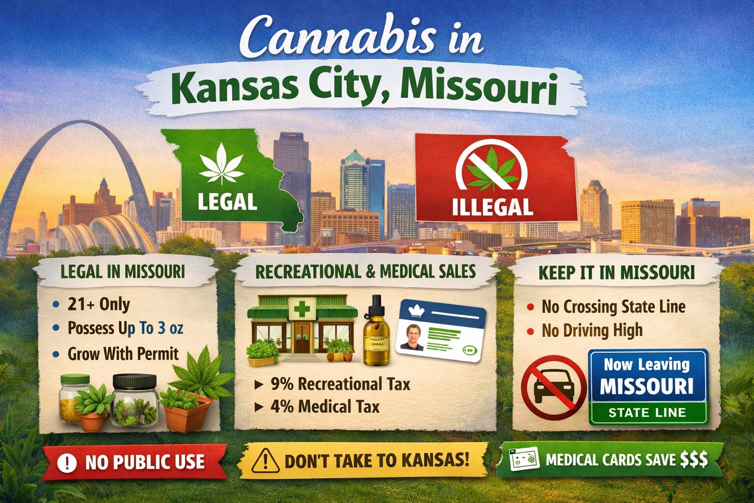 Showing cannabis laws in Kansas city, Missouri, highlighting legal possession limits, recreational and medical use, taxes, and warnings about crossing into Kansas.