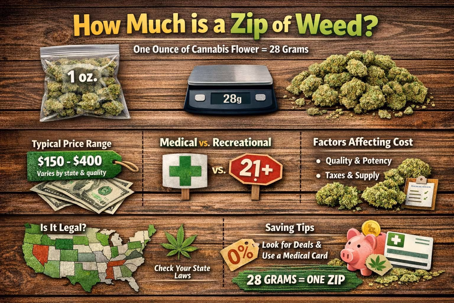 Infographic showing “How Much is a Zip of Weed?” with visuals of cannabis flower, a scale indicating 28 grams, a price range of $150–$400, comparisons of medical vs recreational cannabis, factors affecting cost such as quality and taxes, legality by state map, and tips for saving money like using deals and medical cards.