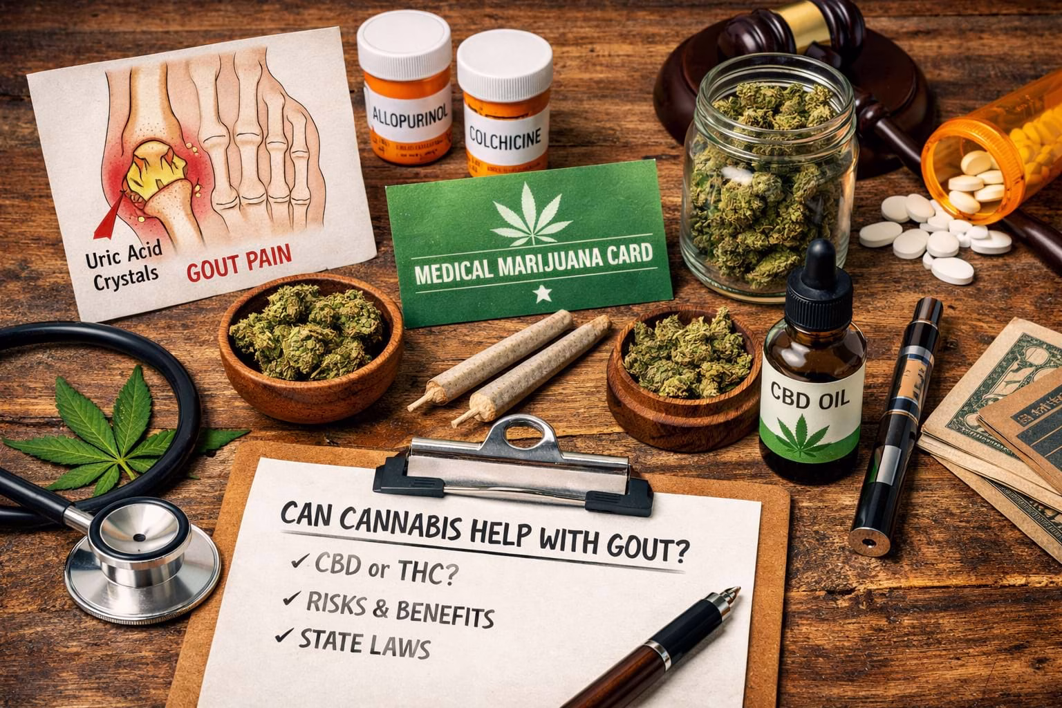 Illustration showing gout symptoms with uric acid crystals in the joint alongside medical marijuana items such as CBD oil, cannabis flower, pills, and a medical marijuana card, representing cannabis use for gout pain relief and treatment context.