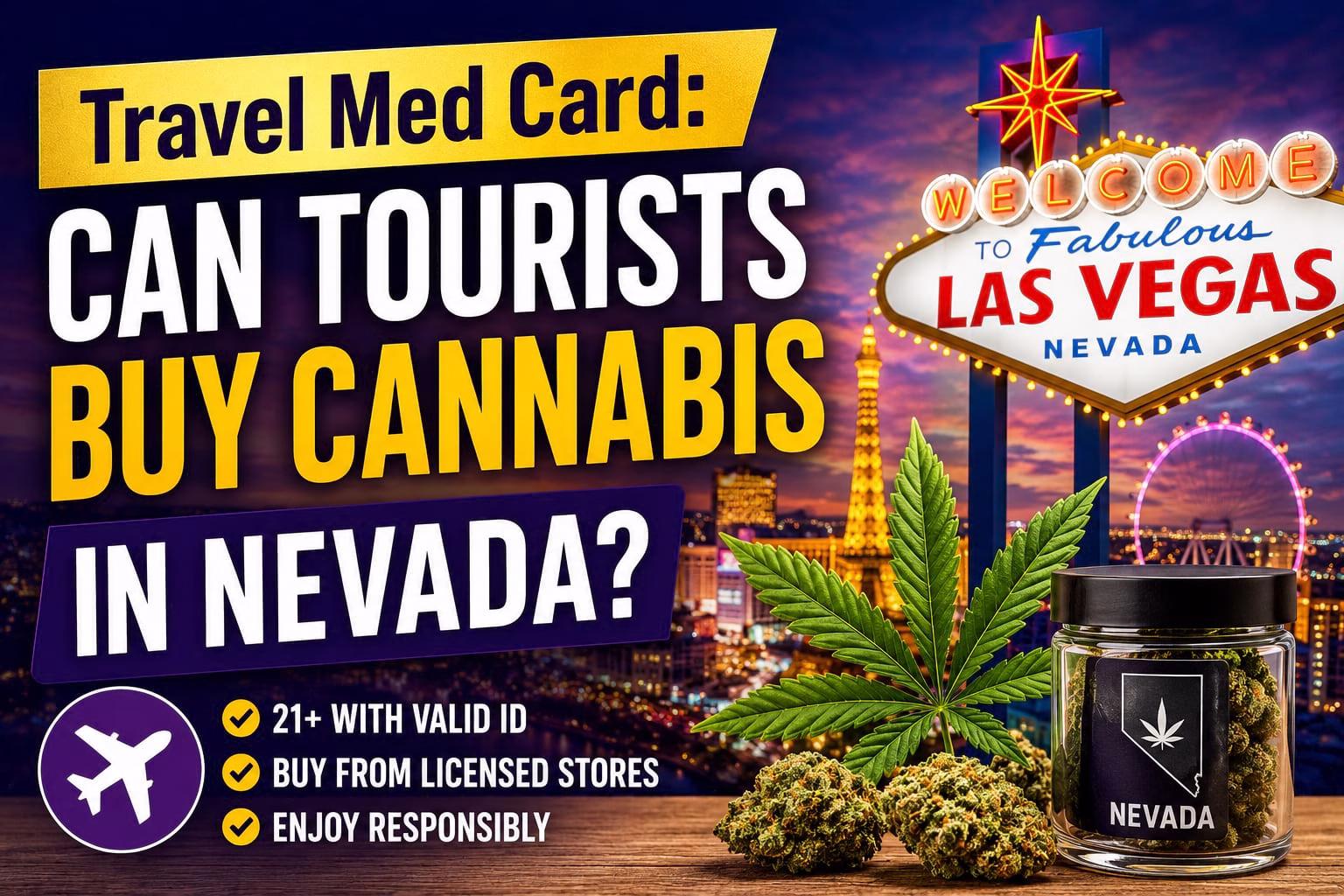Colorful Las Vegas-themed infographic asking, “Can Tourists Buy Cannabis in Nevada?” featuring the Las Vegas sign, cannabis imagery, and a message that adults 21 and older can legally purchase cannabis from licensed Nevada dispensaries with valid ID.