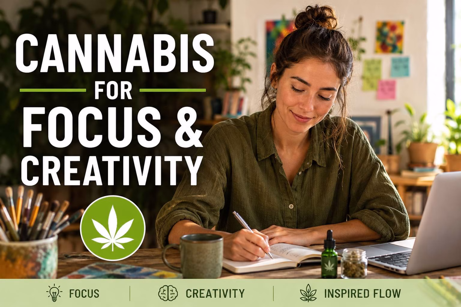 **Alt Text:**<br />
Woman working at a desk in a creative workspace with cannabis-themed imagery, illustrating the topic of cannabis for focus, creativity, and flow-state thinking.