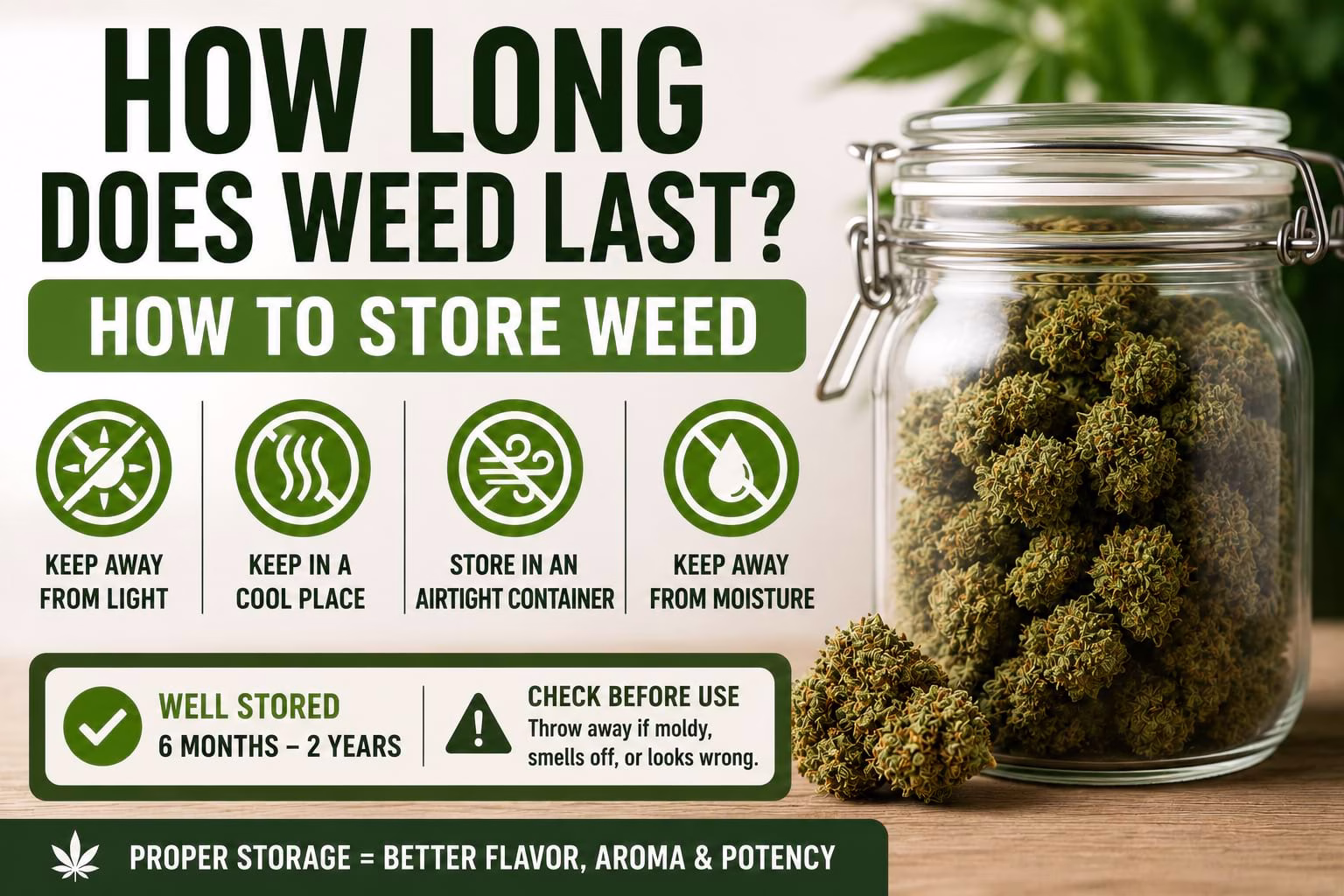 Infographic showing a glass jar of cannabis flower with storage tips, explaining that weed lasts longer when kept in a cool, dark, airtight container away from heat, light, and moisture.