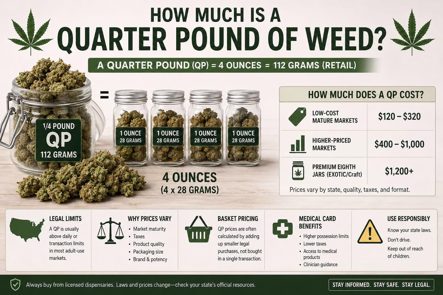 Infographic showing a quarter pound (QP) of weed, equal to 4 ounces or 112 grams, with typical cannabis price ranges and key factors that affect cost and legality.