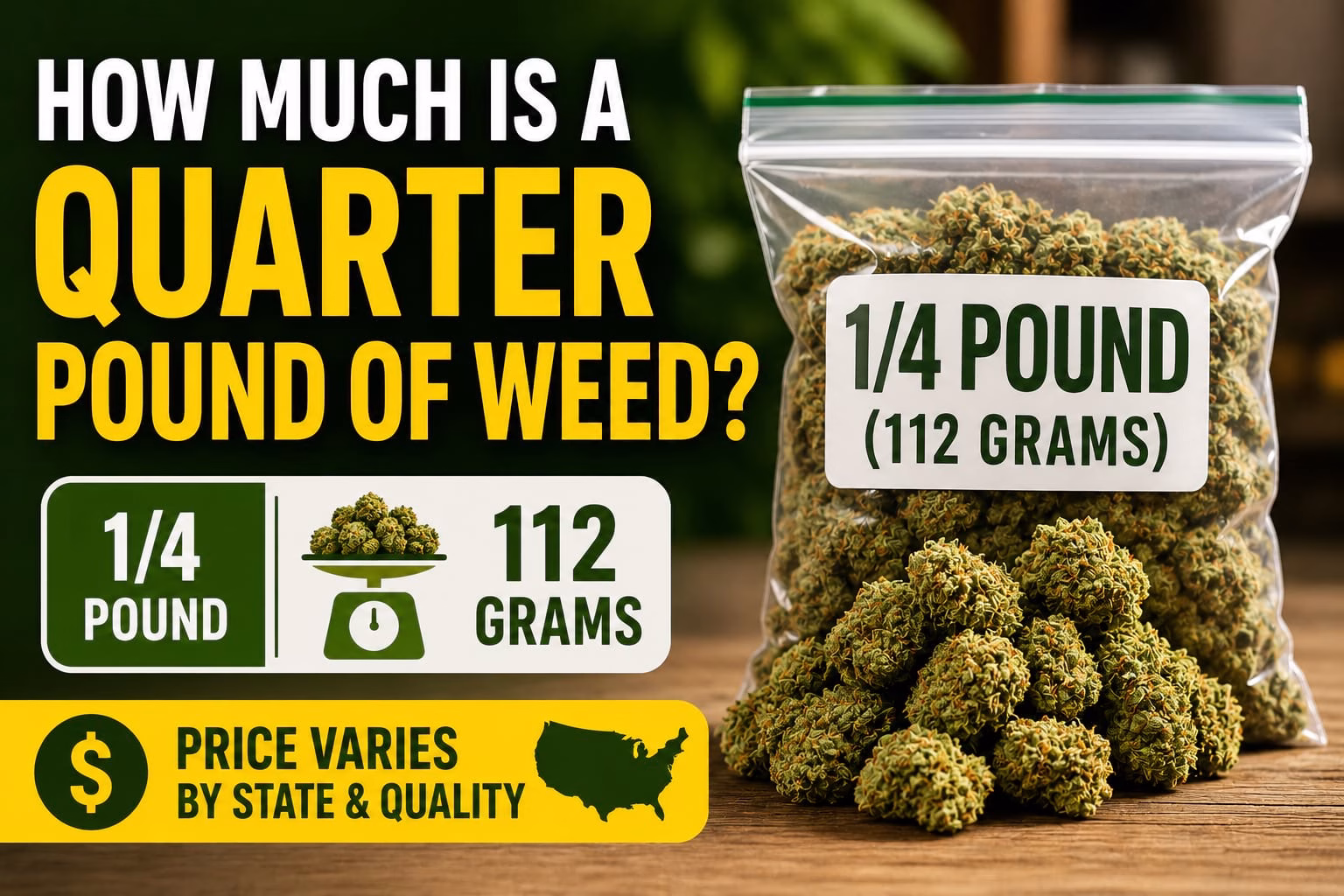 **Alt Text:**<br />
Infographic showing a quarter pound of weed, labeled as 112 grams, with a large cannabis bag and text explaining that the price varies by state and product quality.