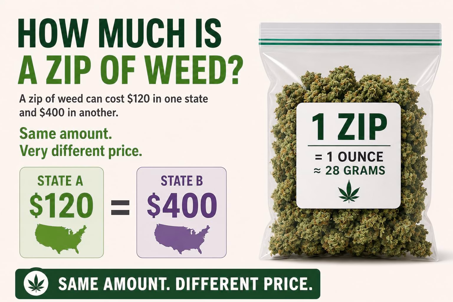 Infographic showing a zip of weed (one ounce or 28 grams) and how its price can range from $120 to $400 depending on the state.