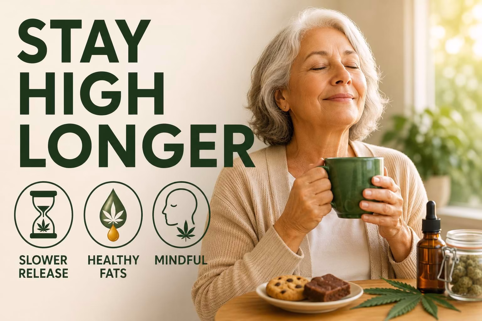 Educational cannabis wellness graphic featuring an older adult relaxing with a warm drink beside cannabis products. Large headline reads “Stay High Longer” with three simple icons and labels: “Slower Release,” “Healthy Fats,” and “Mindful.” Clean layout with oversized text designed for easy readability.