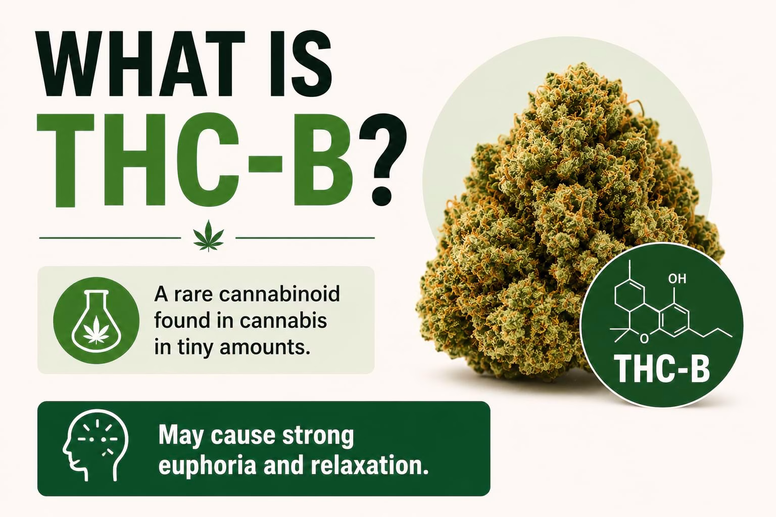 Simple infographic explaining THC-B, a rare cannabinoid found in cannabis, with a cannabis bud illustration and brief text about its potential effects.