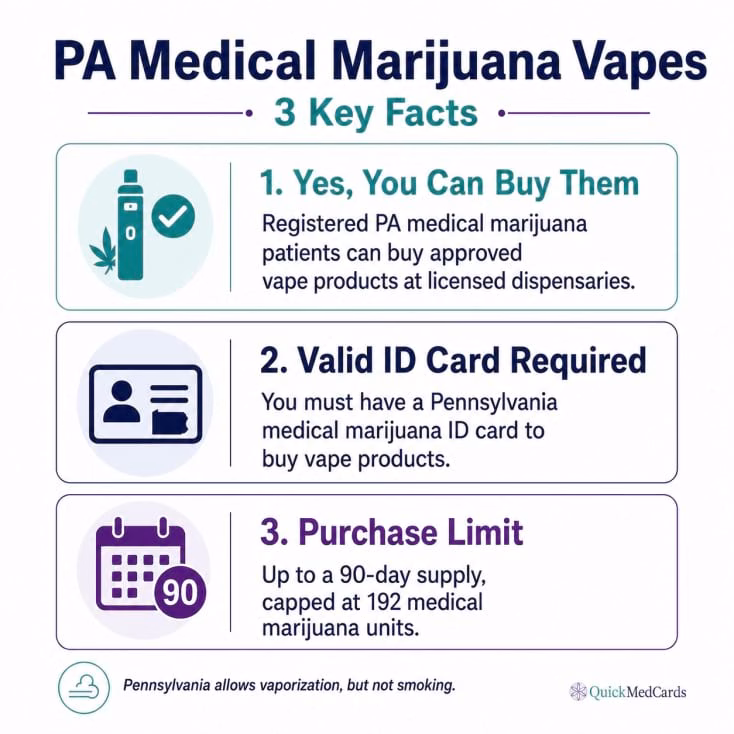 Pennsylvania medical marijuana vapes infographic showing three key facts including patient eligibility, medical marijuana ID card requirement, and the 90-day purchase limit of up to 192 medical marijuana units.